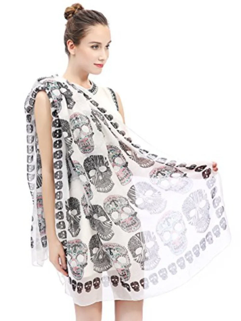 Lina & Lily Oversized Lightweight Scarf with Sugar Skull Print